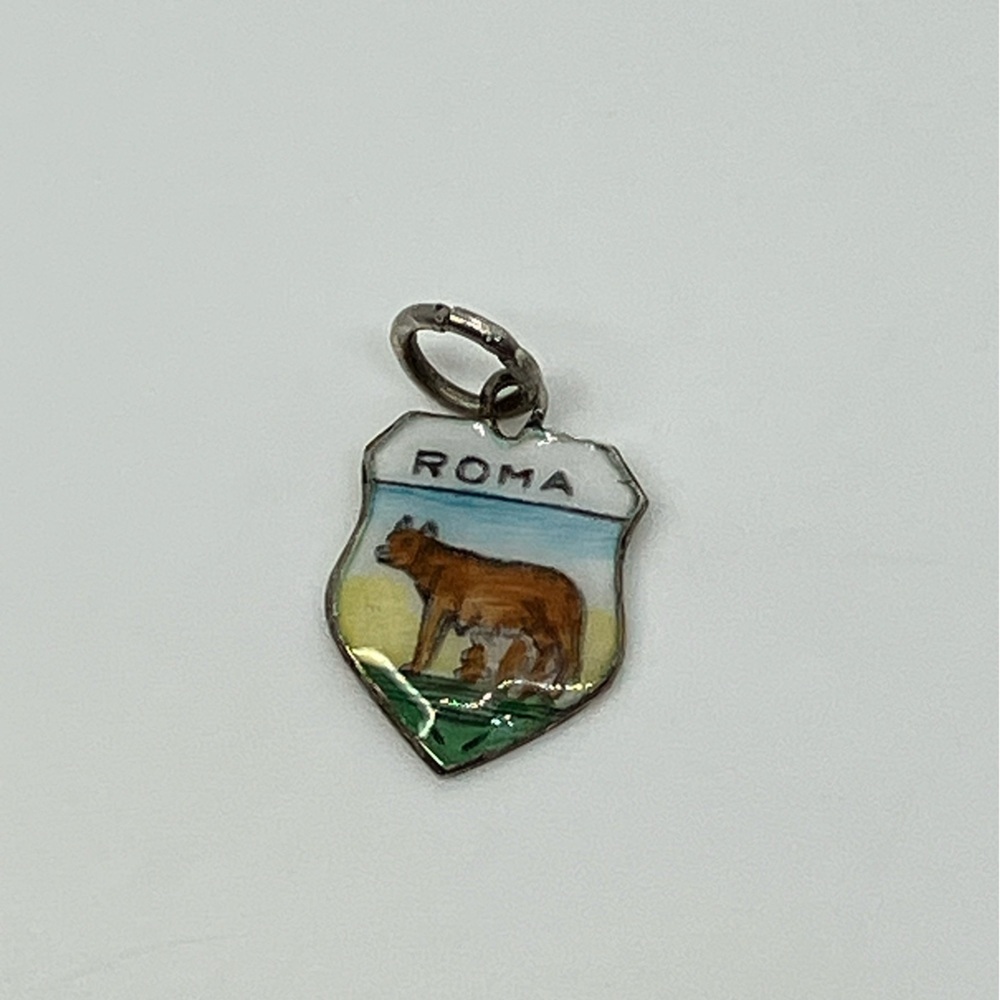 Vtg 925 Sterling Silver Enamel Rome Roma Travel Souvenir Shield Charm / Pendant